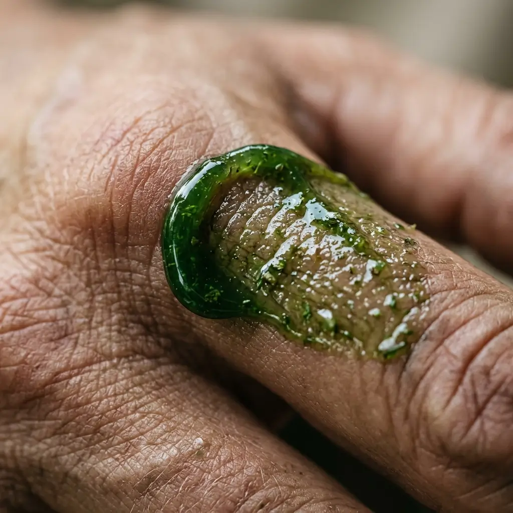 Close-up of a rich green-tinted balm being rubbed into a knuckle