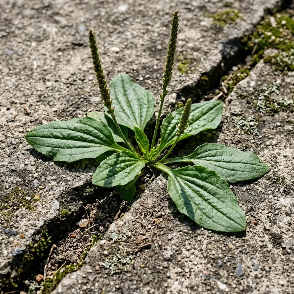 Plantain herb, in a garden path