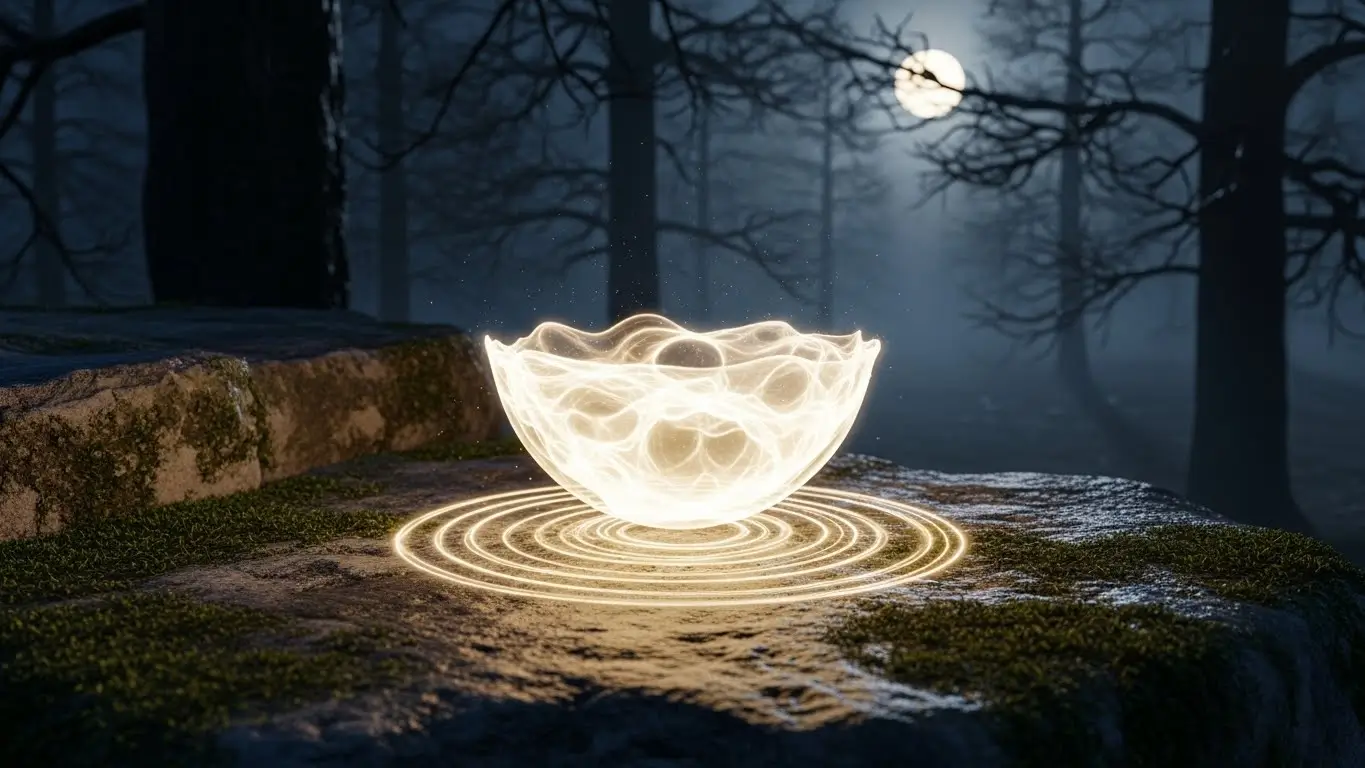 A luminous bowl of soft white-gold light hovering above stone