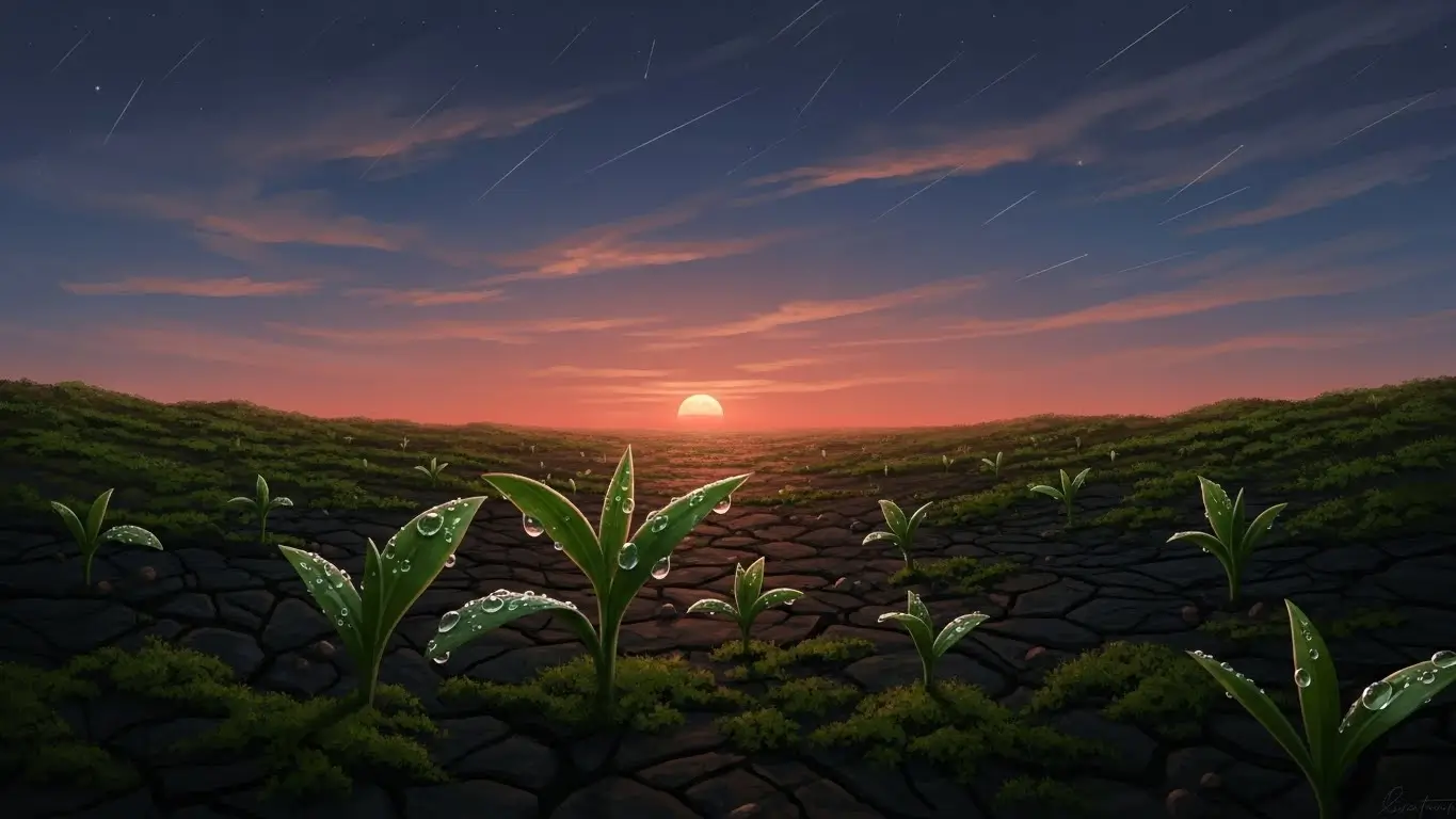 Dark soil gently cracked open with fresh green shoots emerging — Persephone rising