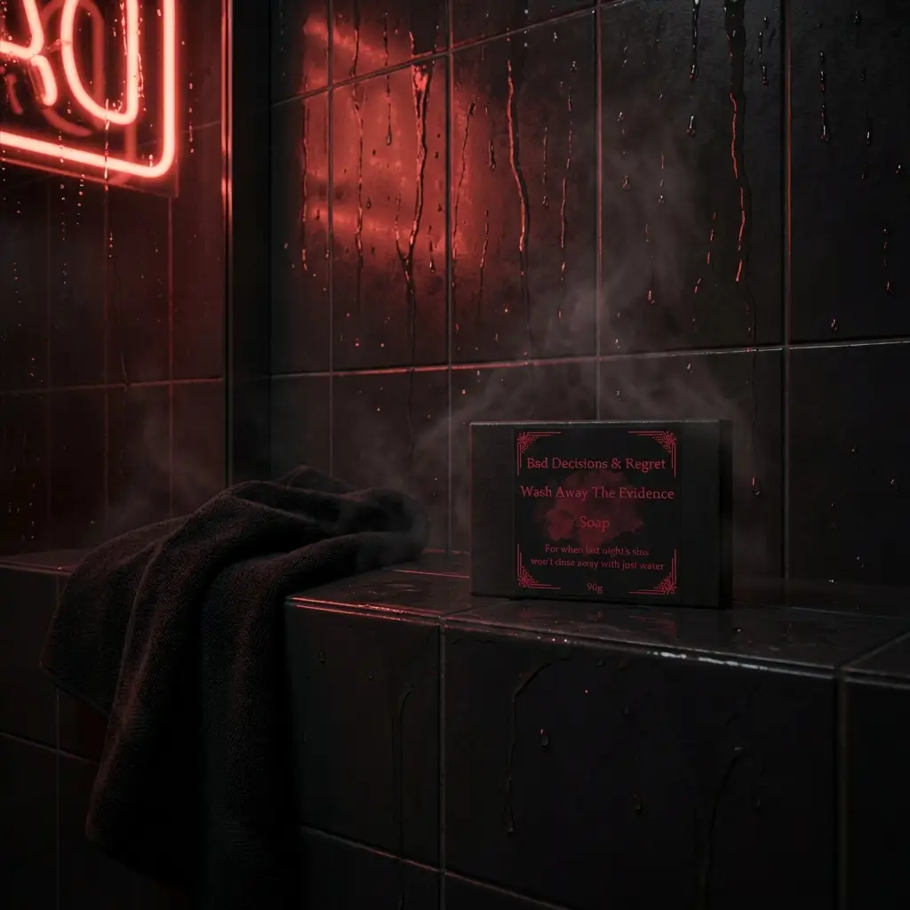 Wash Away the Evidence soap box on shadowy tiles with droplets of water