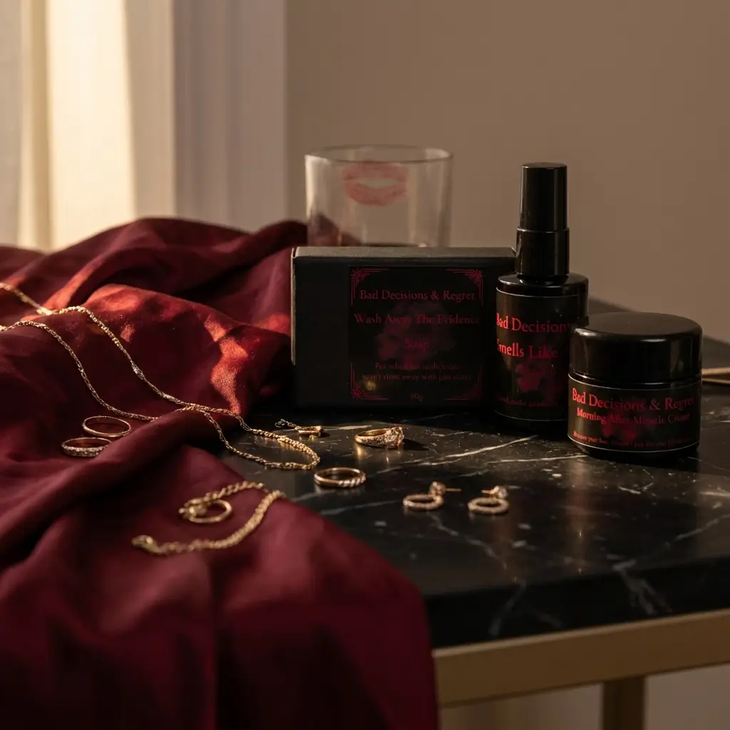 Bad Decisions & Regret box set — three products on a softly lit dressing table